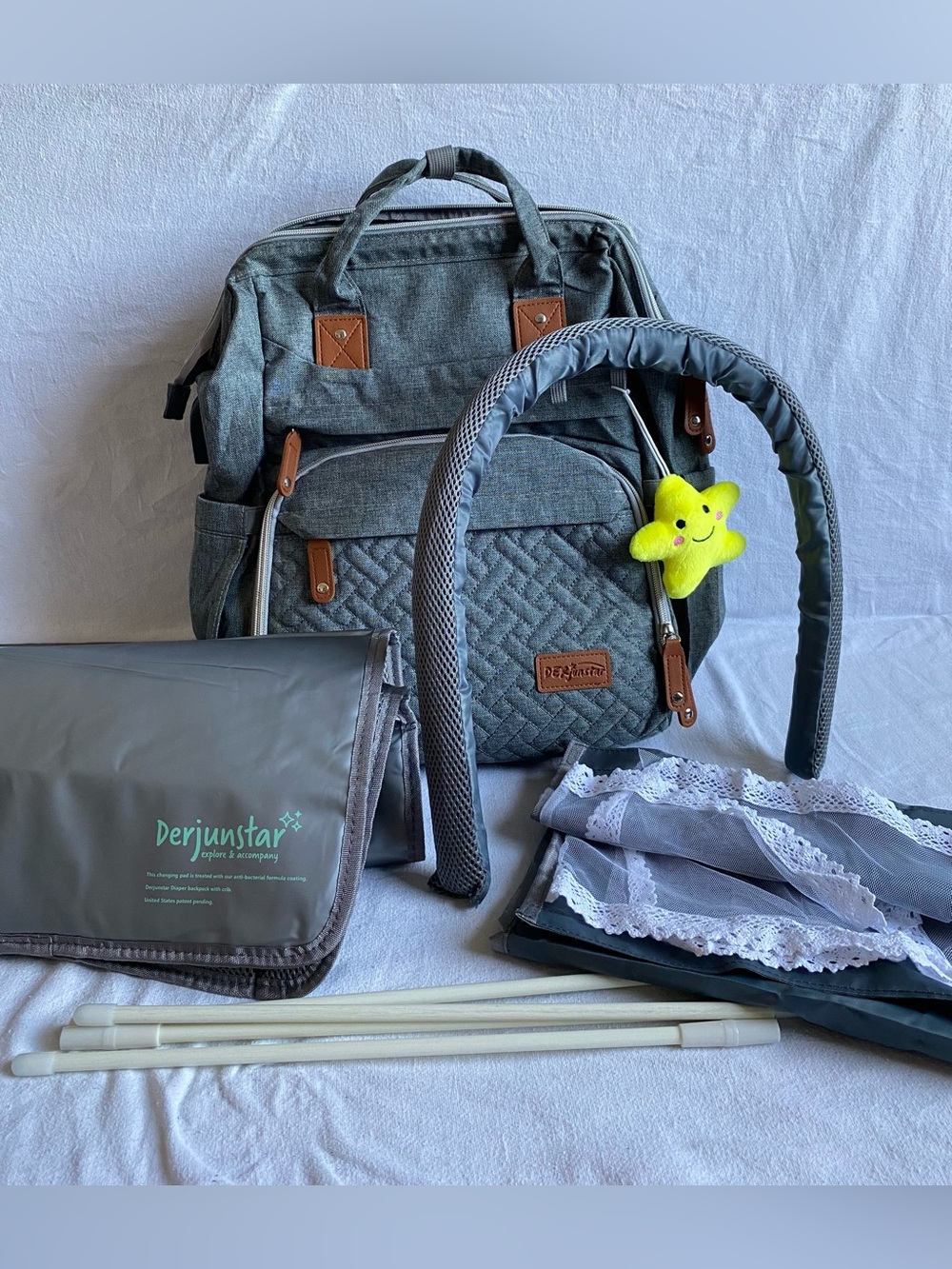 Derjunstar Gray Quilted Baby Backpack Diaper Bag with Accessories Portable